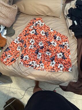 Asymmetric One-Shoulder Floral Blouse in Orange